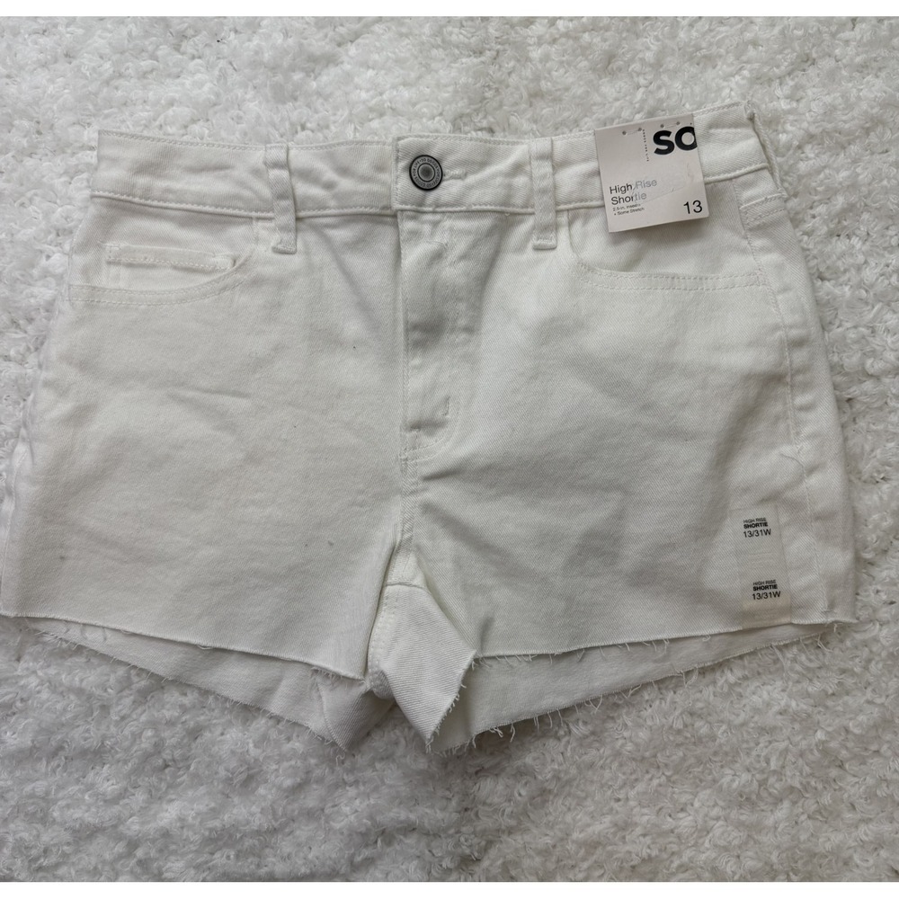 SO Junior's White Denim High Rise Stretch FLX Shortie Shorts, MSRP $38 Size 13